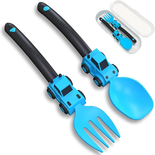 Construction Toddler Utensils - Toddler Forks and Spoons - Kids Spoon and Fork Set - Suitable for Kids Utensils - Easter Gifts, Portable Silverware Set for 1 2 3 4 5 year old Toddlers, Blue