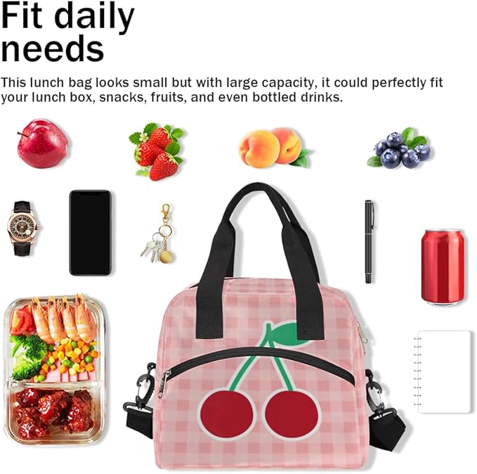 Pink Check Cherry Print Insulated Lunch Bag with Detachable Shoulder Strap & Carry Handle Reusable Eco-friendly Cooler Bag Tote Bag Picnic Box for Kids Men Women
