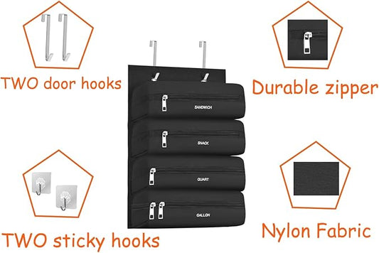 Zipper Bag Organizer Compatible with Gallon, Quart, Sandwich & Snack Food Storage Bag, Kitchen Plastic Bag Storage Organizer for Kitchen RV Camper (Black)
