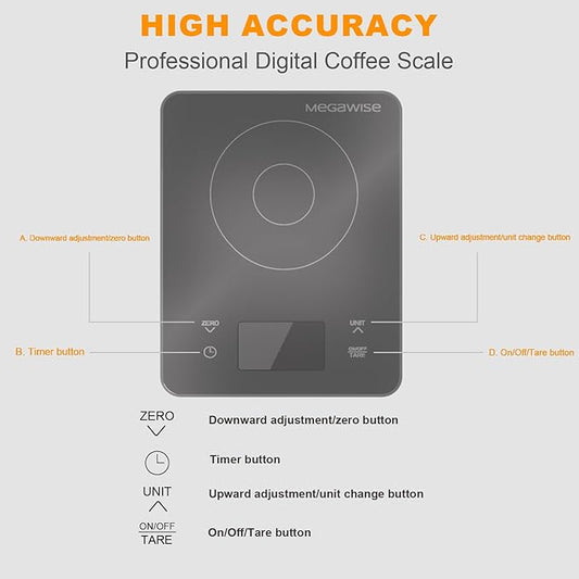 MEGAWISE High Precision 0.1g Coffee/Food Scale with Timer, Dual Power Supply, Waterproof Tempered Glass, 5 Weighing Modes, Professional Coffee Brewing Timer Kitchen