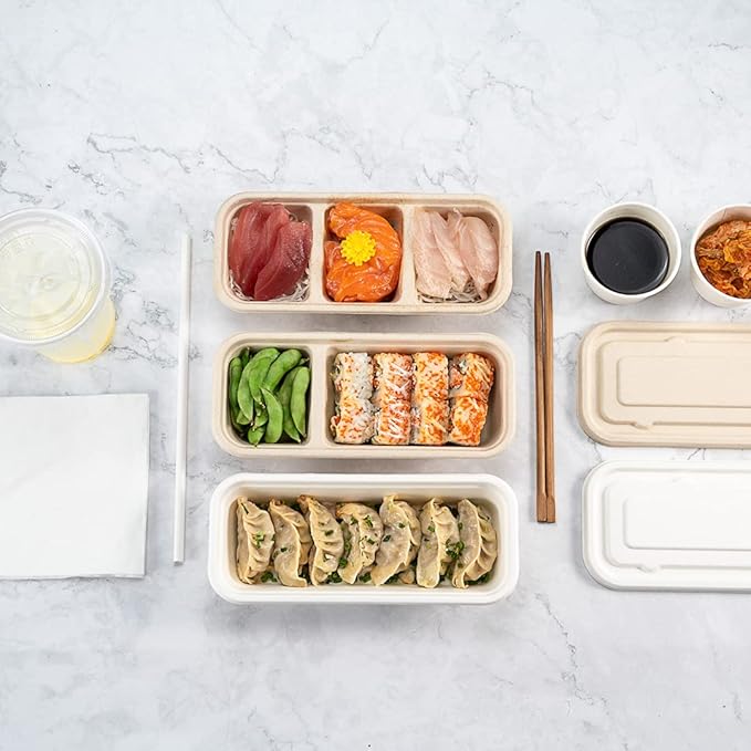 Restaurantware Pulp Tek 9.2 x 3.8 x 1.8 Inch Takeaway Food Boxes 100 Microwavable Take Out Containers - Lids Sold Separately Freezable Bagasse Catering Food Containers 2 Compartments 17 Ounces