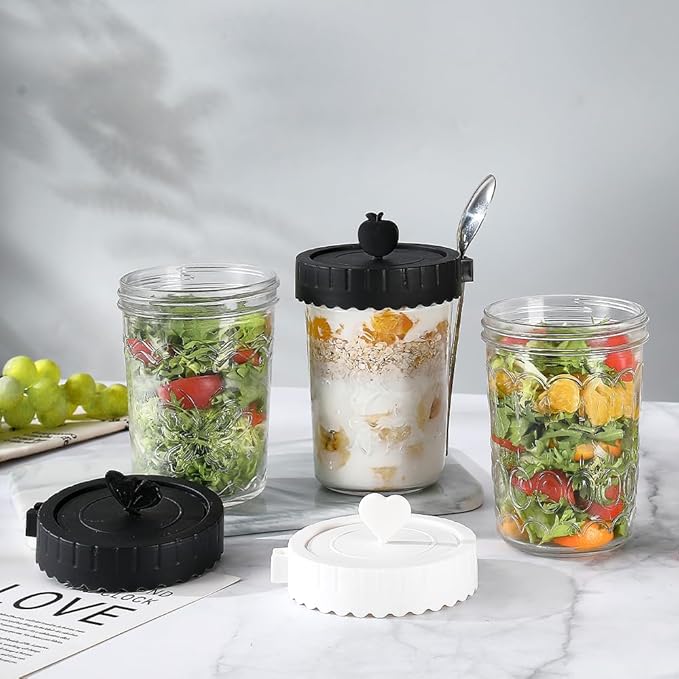 Glass food Jars with Lids and Spoons, 4 Pack Overnight Oat Jars with Airtight Lid, 100% Leak Proof yogurt Containers, Glass jars for BreakfastyogurtCerealSnackSoupParfait - Black