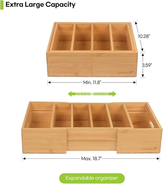 Expandable Kitchen Cabinet Organizer for Food Storage Container Lids, Bamboo Drawer Caddy Adjustable Dividers, Box for Kitchen Storage and Organization, Lids Organizer for Cabinet (Natural)