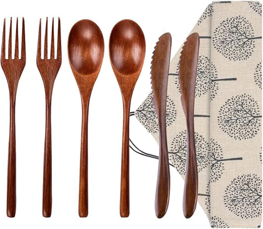 Wooden Spoon Fork Knife Eating Flatware Set Portable Utensil Set with Case, Reusable Wooden Cutlery Travel Utensils Set, 2 Spoons and 2 Forks and 2 Knives (Color 2)