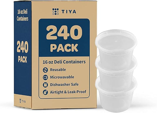 TIYA Takeout Food Containers - 16oz Bulk 240 Pack with Lids - Plastic Food Storage to-Go Containers - Reusable Microwavable Dishwasher Safe Takeout Cups - Airtight Leak Proof for Soups & Meal Prep