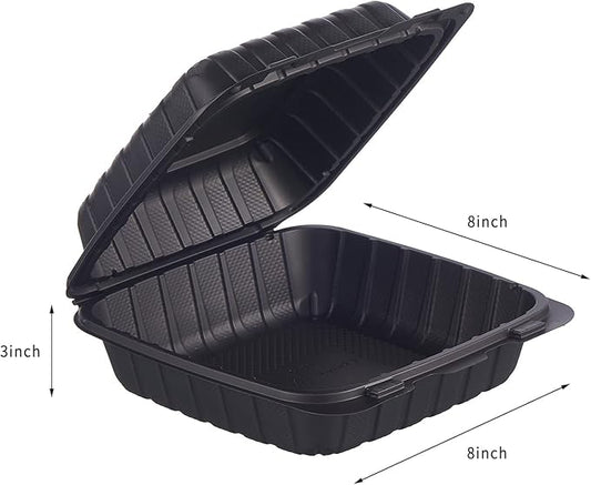 8X8 1-Compartment 50-Pack Plastic Clamshell Takeout Food Trays Heavy Duty Togo Disposable Box Carryout Meal Prep Packaging Catering Hinged Containers With Secure Snap Lid (Formerly FULING)