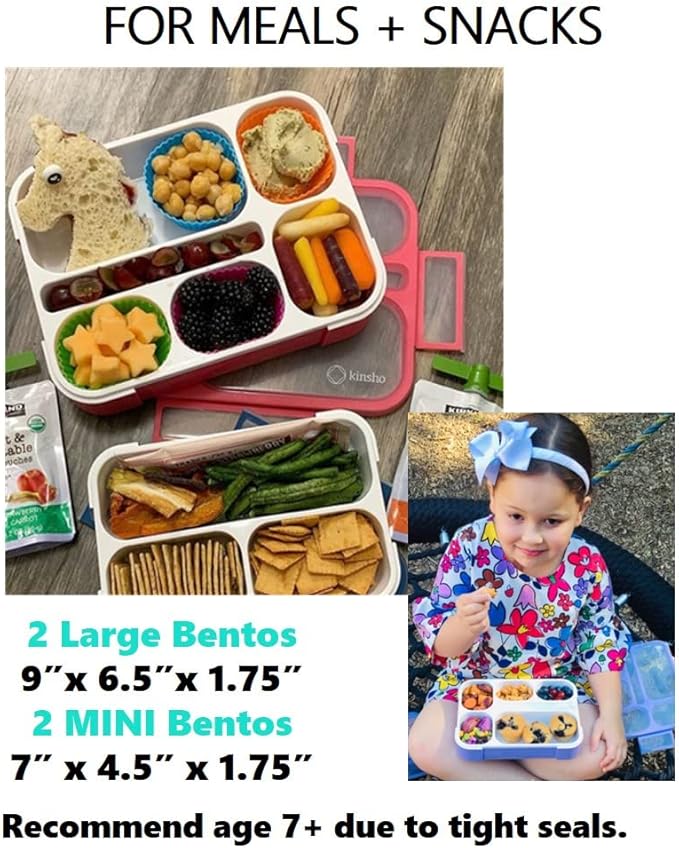 kinsho Bento Box Lunch Boxes and Snack Containers, Value Pack for Kids Girls Boys | Leakproof Portion Boxes for School Pre-School Toddler Daycare Travel, BPA Free | Set of 4, Pink Purple