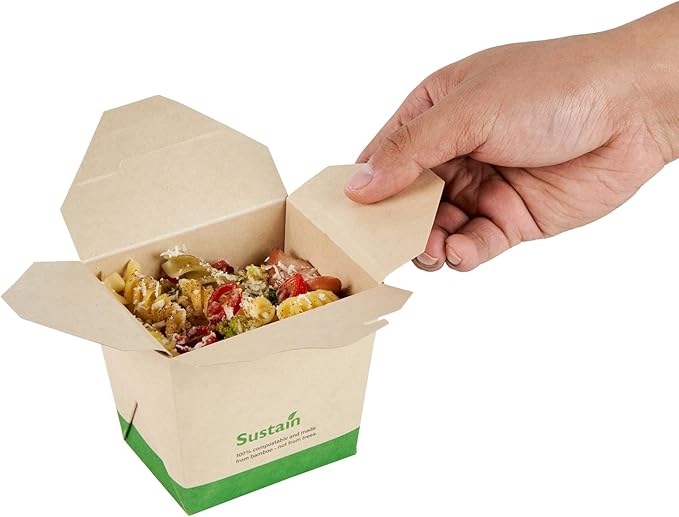 Restaurantware Sustain 16 Ounce Sturdy Paper Take Out Boxes, 200 Disposable Take Out Food Containers - With PLA lining, Compostable, Bamboo Paper Containers, Built-In Tab-Lock Cover, Greaseproof