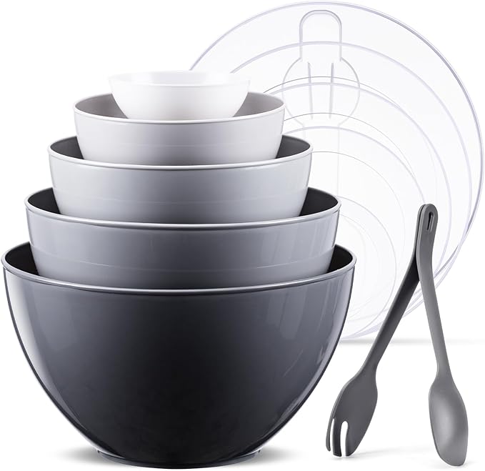 LUXEAR Mixing Bowls with Lids Set, 12 Pieces Plastic Nesting Bowls Includes 5 Prep Bowls, 5 Lids, 2 Cooking Spoons(Can Convert into Tongs), Microwave Dishwasher Safe for Mixing Serving Baking Storing