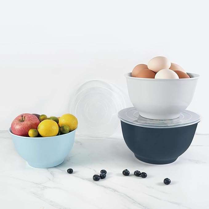 TP Mixing Bowls with Lids, 6-Piece Nesting Melamine Bowls Set for Prepping Serving Baking Cooking, Non Slip Bottom, Set of 3, Blue and White