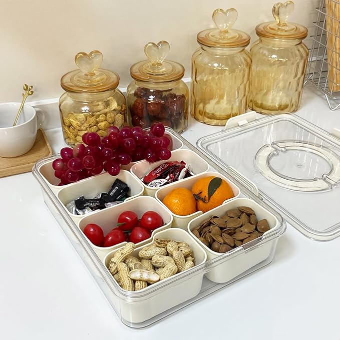 JOSUCLEN Plastic 8-Compartment Containers | Travel, Car, Charcuterie | Divided, with Lid and Handle | Fruit, Candy, Veggie, Vegetables, Nuts