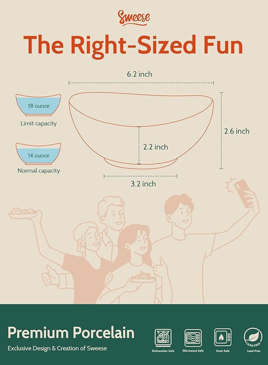 Sweese 6 Inch Porcelain 18 oz Bowls Set of 6, for Soup | Cereal | Fruits | Rice - Microwave, Dishwasher, and Oven Safe - White