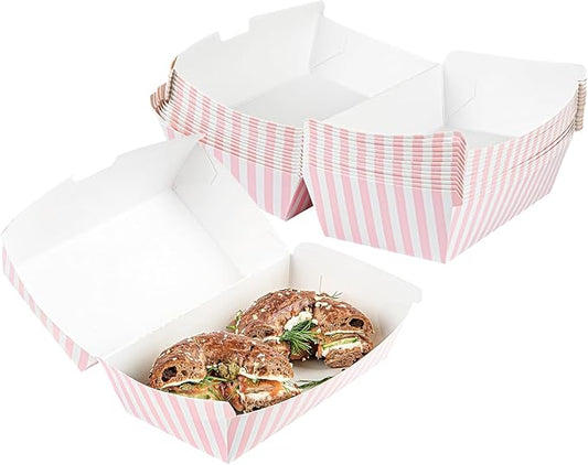 Restaurantware Bio Tek 6.7 x 3.5 x 3.5 Inch Clamshell Food Containers 100 Disposable Sandwich Containers - Hinged Lid Tab-Lock Closure Pink And White Paper Hot Dog Containers Greaseproof