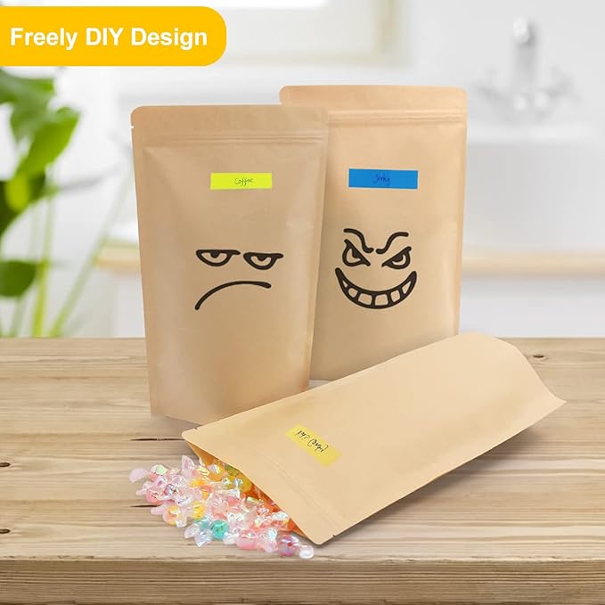 SumDirect Kraft Stand Up Pouches - 50 Pack 7x12 Inch Zipper Food Storage Reusable Bags with Foil Lined for Home or Business