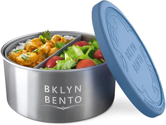 Stainless Steel Food Container With Silicone Food Separator and Leak Proof Silicone Lid | Metal Lunch Box Divider | Bento Box | Portion Control Snacks (Blue & Grey (Food Separator)
