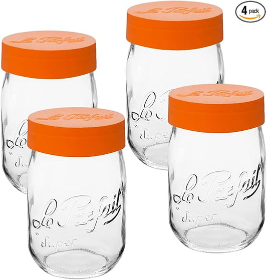 Le Parfait Screw Top Jar Wide Mouth French Glass Jar | Ideal for Food and Soup Storage, Canning, Flour, Brown Sugar, and other Baking Supplies (1L/32oz, Pack of 4, Orange)