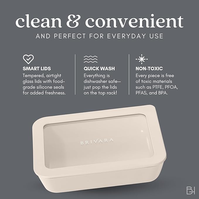 Ceramic Coated Glass Food Storage Container | No PTFE, PFOA, PFAS, and BPA | Reusable Non Toxic Meal Prep Container with Glass Lid | Easy To Store | 6 Piece Food Prep [Crema]