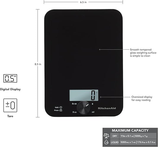 KitchenAid KQ914BA Digital Glass Top Kitchen and Food Scale, 11 lb Capacity, Measures Liquid & Dry Ingredients, Rotating Knob, Precise Results for Baking, Cooking, Keto and Meal Prep, Tare, Black