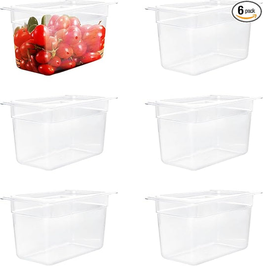 Plastic Food Pan - 1/9 Size 4 Inch Deep Commercial Food Pan - 6 Pack Polycarbonate Plastic Clear Storage Containers - Hotel Pans for Fruits Saland Beans Corns Freezer-Safe