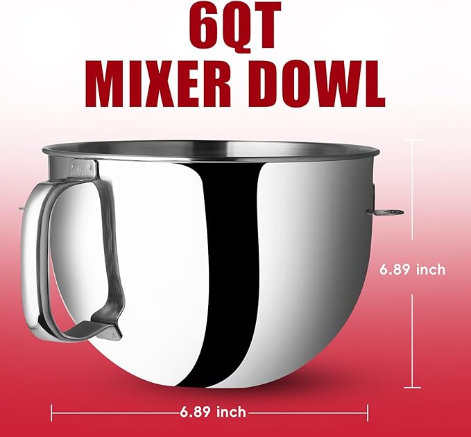 6 QT Stainless Steel Mixer Bowl Compatible With KitchenAid Lift-Bowl Stand Mixers, Large Kitchen Aid Bowls for Mixer with Ergonomic Handle