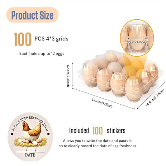100 Packs Egg Cartons, 3 * 4 Grids Plastic Clear Egg Trays for 12 Eggs, Reusable and Durable, Egg Container Holder with Date Label for Family, Storage, Chicken Farm, Market, Transport