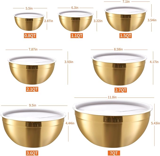 Gold Mixing Bowls With Airtight Lids,Stainless Steel Bowl,Salad Bowls 7 Piece Colorful Nesting Bowl Rainbow Kitchen Accessories,Size 7,3.6,2.7,2.1,1.5,1.1,0.8QT Stackable Design
