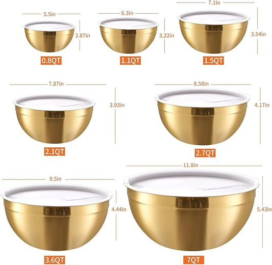 Gold Mixing Bowls With Airtight Lids,Stainless Steel Bowl,Salad Bowls 7 Piece Colorful Nesting Bowl Rainbow Kitchen Accessories,Size 7,3.6,2.7,2.1,1.5,1.1,0.8QT Stackable Design
