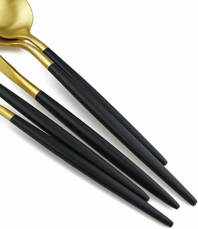 Black Gold Flatware, Royal 20 Piece Matte Black Handle 18/10 Stainless Steel Tableware Sets for 4 Including Forks Spoons Knives, Camping Silverware Travel Utensils Set Cutlery (Black Gold)