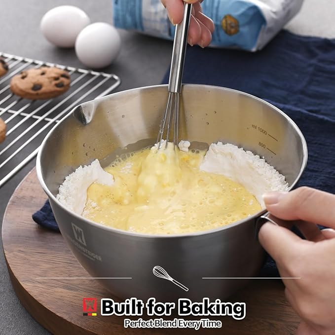Mixing Bowl 1200ml/40.6oz & Measuring Spoon Set: Stainless Steel Measuring Bowls with Pour Spout & Handle/Multi-purpose Metal Bowl, Meal Prep, Baking Prep Kit Set (1200ml/40.6oz)