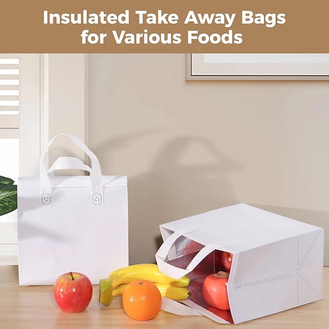 OMISTAR 50 PCS Insulated Take Away Bags, 9.5 x 6 x 9.5 Inches Bulk Food Bags Thermal Insulation for Coffee Milk Tea, Hot Cold Food Cooler Bags Pizza Delivery Bags for Restaurant Grocery