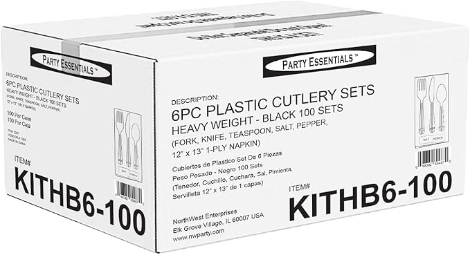 Party Essentials Individually Wrapped Black Plastic Cutlery Packets/Heavy Duty Silverware Kits, Fork/Spoon/Knife/Napkin/Salt/Pepper, 100 Sets