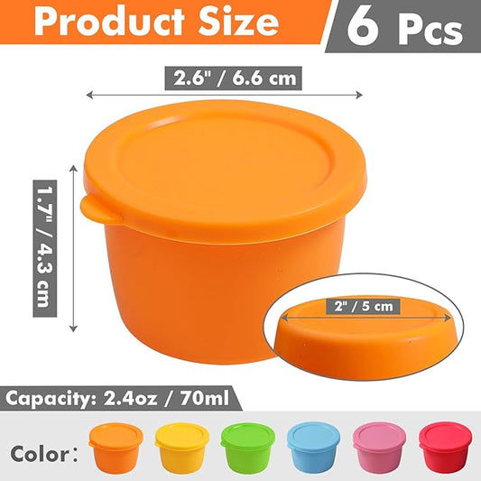 KOLUTI Nonstick Silicone 2.4oz Salad Dressing Container To Go, 6 Pack Small Sauce Storage Box for Lunch Bento, Leak-proof Condiment Portion Cup with Lid, BPA Free, Dishwasher & Microwave & Oven Safe