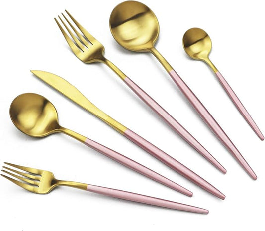 JASHII Luxury 18/10 Pink Handle Flatware Gold Silverware Set 304 Stainless Steel Flatware Cutlery Set| 6-Piece Adaline Royal Modern Satin Finish| BEST Birthday Wedding Gift (Pink Handle Matte Gold)