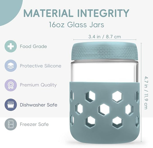 6-Pack Overnight Oats Containers with Lids and Protective Silicone Sleeve, 16 oz Glass Chia Pudding Jars with Airtight Lid, Mason Salad Meal Prep Jars for Yogurt Oatmeal