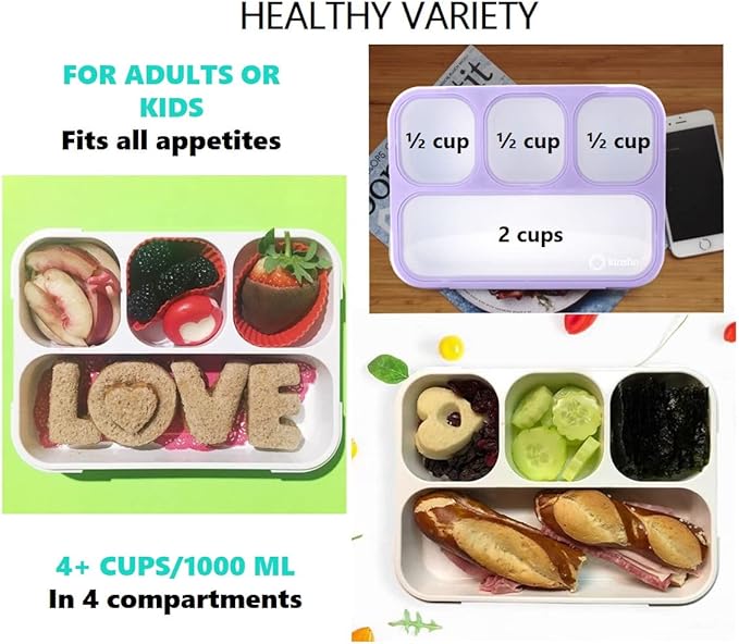 kinsho Bento Lunch Box for Kids Lunch-Boxes for Women Adults Girls Boys | Leakproof Snack Containers for Toddlers Tweens Pre-School Lunches BPA Free | Purple, 4 compartments (1 Pack)