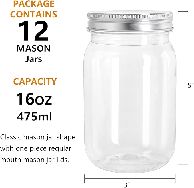Tebery 12 Pack Clear Plastic Mason Jars with One Piece Lids, 16OZ Mason Cocktail Cup Shatterproof Drinking Jar, Refillable Empty Slime Storage Containers for Overnight Oats, Honey, Spices and Herbs