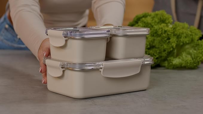 Bliss - Stainless Steel Leak Proof Bento Lunch Box, Meal Prep container for Adults; 3 Compartments, Modern bento Box, Microwave Safe| Lunchbox| Bentobox | Lunch container (Vanilla, 42 OZ)