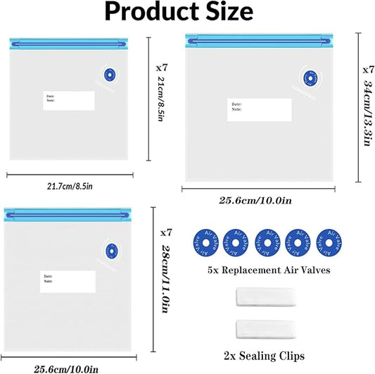 Sous Vide Bags 28Pcs, BPA Free Reusable, with Air Valve, Double-Layered Food Storage for Cooking, Food Storage, and Microwave Heating. 3 Size 21 Vacuum Zipper Bags, 2 Seal Clips, and 5 Air Valves.