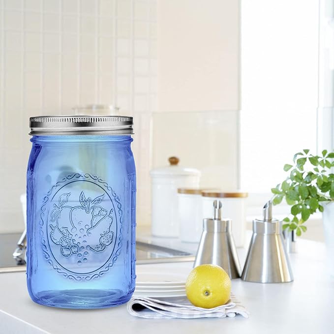 eleganttime Blue Wide Mouth Mason Jars 32 oz,6 Pack Colored Quart Glass Canning Jars with Airtight Lids for Canning,Pickling,Storage,DIY Crafts & Décor
