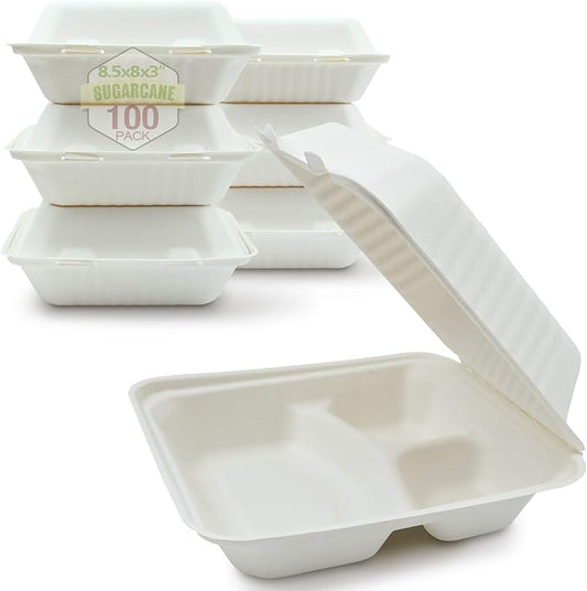 Green Earth 8-inch, 100-Count, 3-Compartment, Compostable Clamshell, Natural Bagasse (Sugarcane Fiber), Take-Out/to-Go Food Boxes - Biodegradable Containers, Hinged Lid Microwave-Safe Gluten-Free