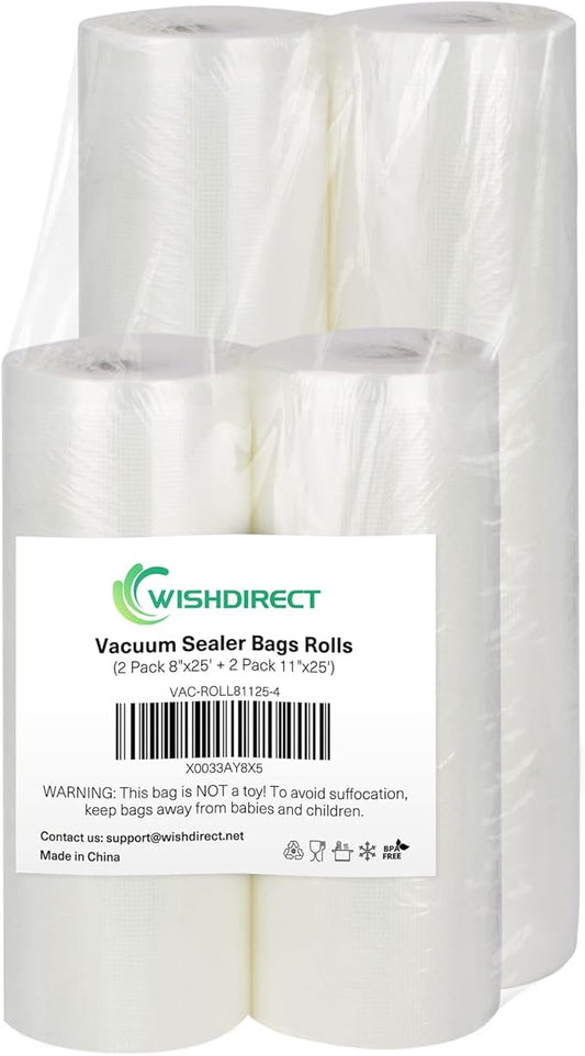 Vacuum Sealer Bags Rolls Compatible with FoodSaver, 2 Pack 11" x 25' and 2 Pack 8" x 25' Fit Inside Machine Commercial Grade Embossed Food Preservation Rolls (Total 100 Feet)