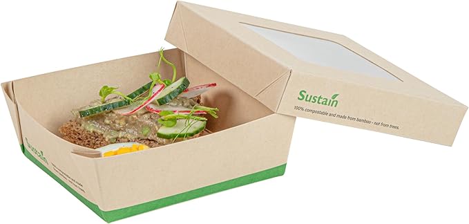 Restaurantware-13 Ounce Sturdy Paper Take Out Boxes, 200 Disposable Take Out Food Containers - With PLA lining, Paper Lid With Clear PLA Window, Bamboo Paper Containers, Compostable, Greaseproof