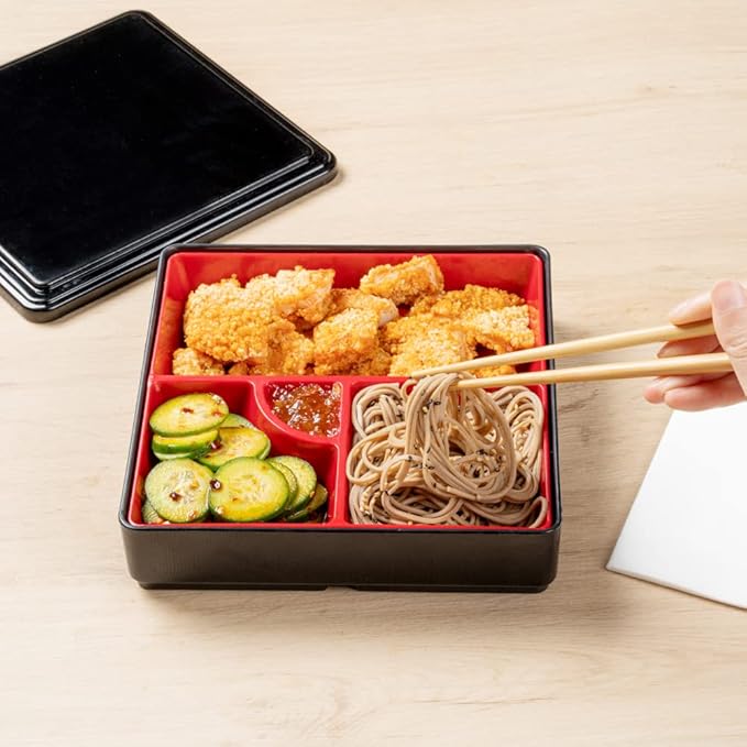 Restaurantware-8.3 x 2.2 Inch Compartment Lunch Container, 1 Japanese Style Adult Lunch Container - With 4 Compartments, Greaseproof, Black & Red Plastic Divided Lunch Box, For Hot & Cold Food