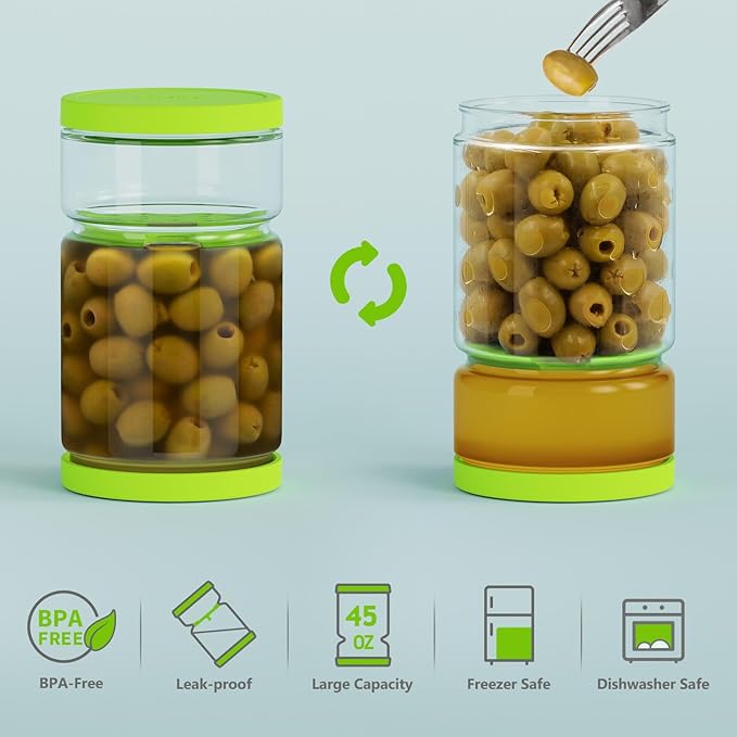 Glass Pickle Jar with Strainer for Pickle Lover - 45 Oz Leakproof and Airtight Juice Separator for Olive, Gherkin, Chilli, BPA Free, Dishwasher and Refrigerator Safe (Green&Blue, 45oz*2pcs)