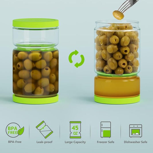 Glass Pickle Jar with Strainer Flip for Pickle Lover - 45 oz Leakproof Airtight Juice Separator for Olive, Gherkin or Chilli, BPA Free, Dishwasher and Refrigerator Safe (Green, 45 oz*1 pack)