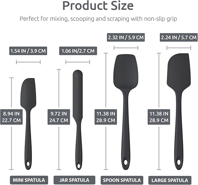 U-Taste 18/8 Stainless Steel Measuring Spoons Set for Dry and Liquid Ingredients, and Upgraded 600ºF High Resistant Flexible and Sturdy Silicone Spatula Set of 4 (Black)