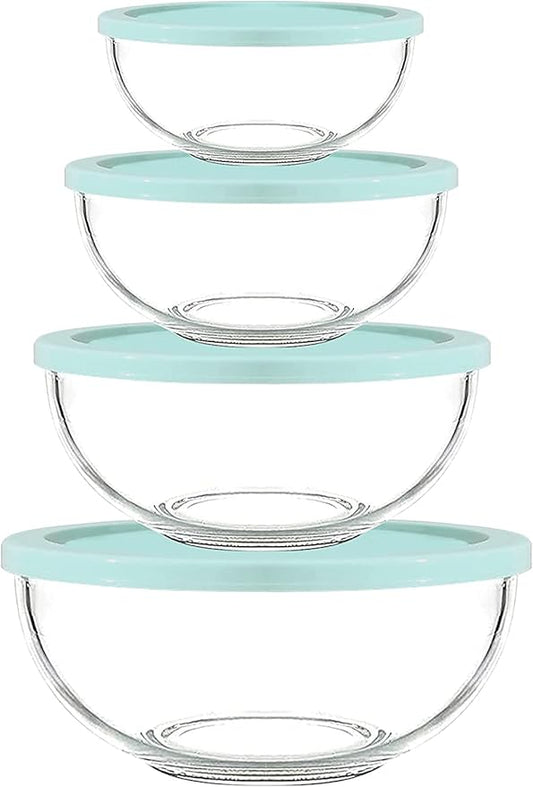Luvan Borosilicate Clear Glass Mixing Bowls with Lids Set of 4 (0.53qt, 1.1qt, 2.1qt, 3.7qt), Space Saving Nesting Bowls Large Kitchen Salad Bowls for Meal Preping,Baking,Mixing,Dishwasher Safe