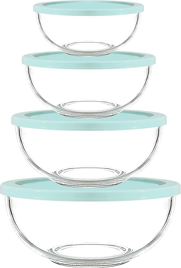 Luvan Borosilicate Clear Glass Mixing Bowls with Lids Set of 4 (0.53qt, 1.1qt, 2.1qt, 3.7qt), Space Saving Nesting Bowls Large Kitchen Salad Bowls for Meal Preping,Baking,Mixing,Dishwasher Safe
