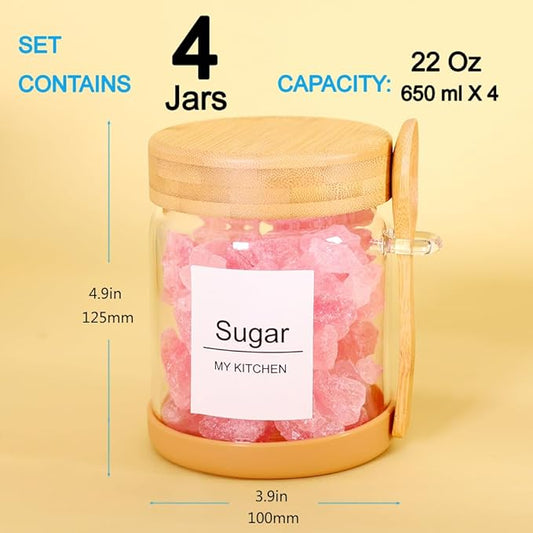 SAIOOL 4 Pack Glass Storage Containers with Bamboo Lids and Spoon,Overnight Oats Containers with Lids,with Anti Slip Silicone Base,Seasoning Organizer,Spice Jars (Bamboo 22OZ*4)