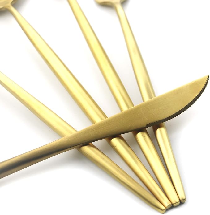 5 Pieces Matte Gold Handle 18/10 Stainless Steel Silverware Set, Flatware Set Titanium Cutlery Set, Utensils Set for Home Restaurant, Dishwasher Safe (Full Gold)